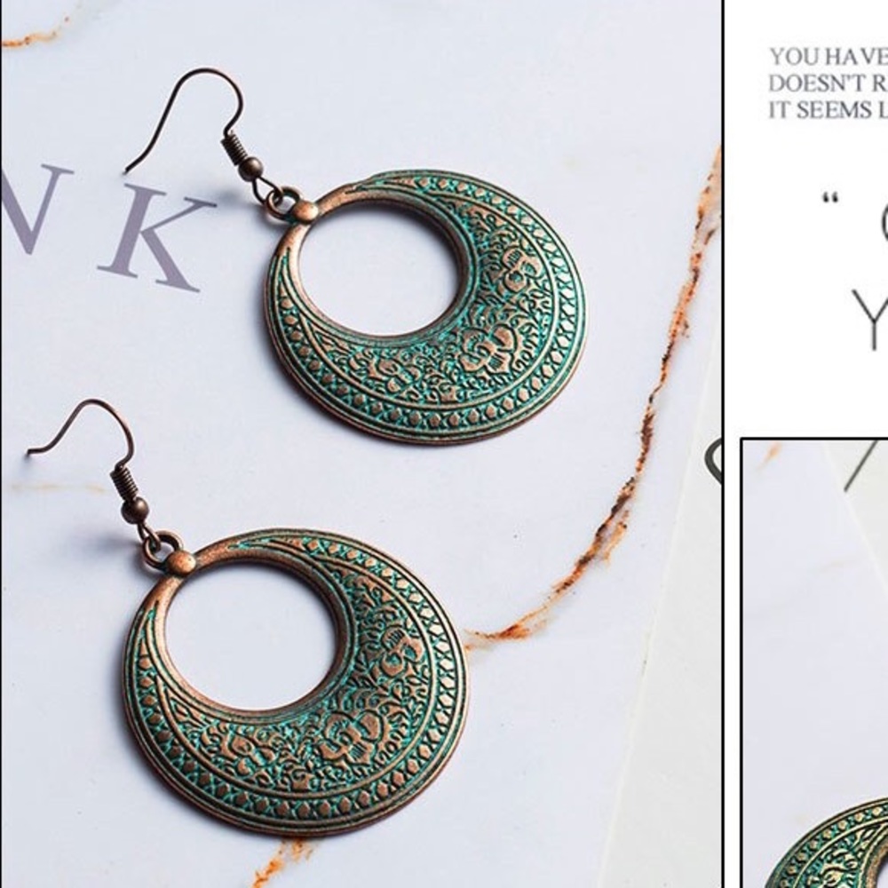 New Turquoise Tibetan Boho Brass Moon Earrings